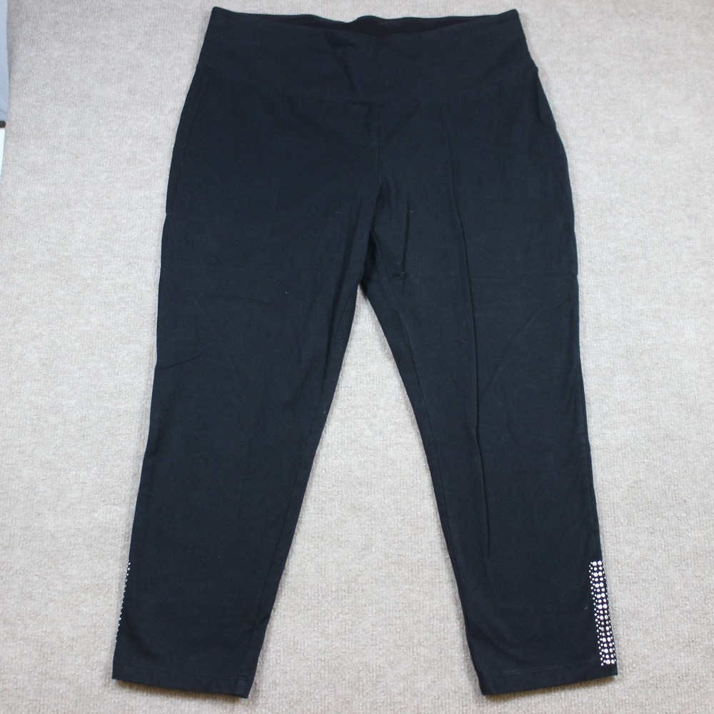 Teez-Her Black Rhinestone Ankle Cropped Leggings Pants Large L High Waist Mesh